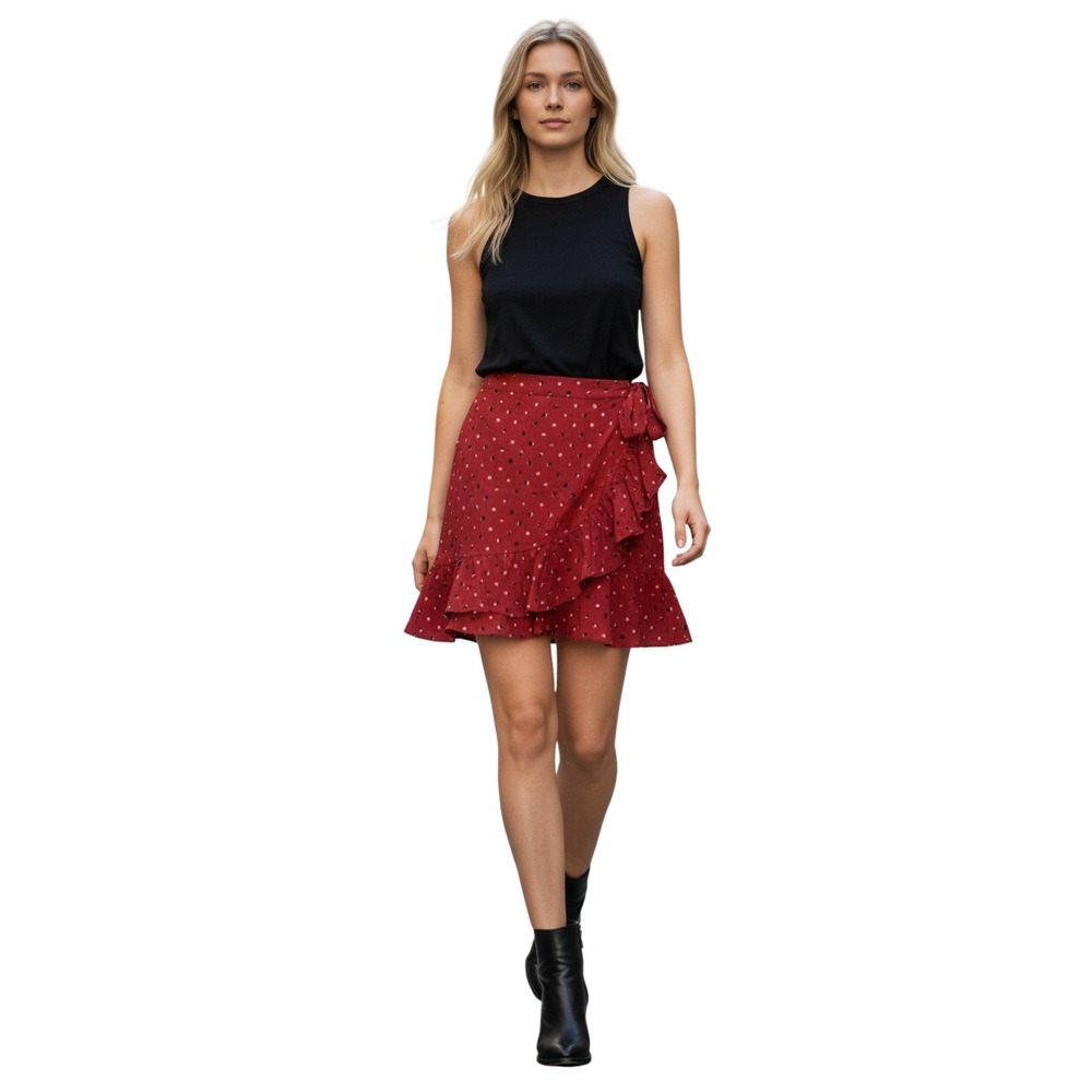 Maison Jules‎ NWT Red Polka Dot Ruffle Faux Wrap Mini Skirt S Retro Whimsigoth